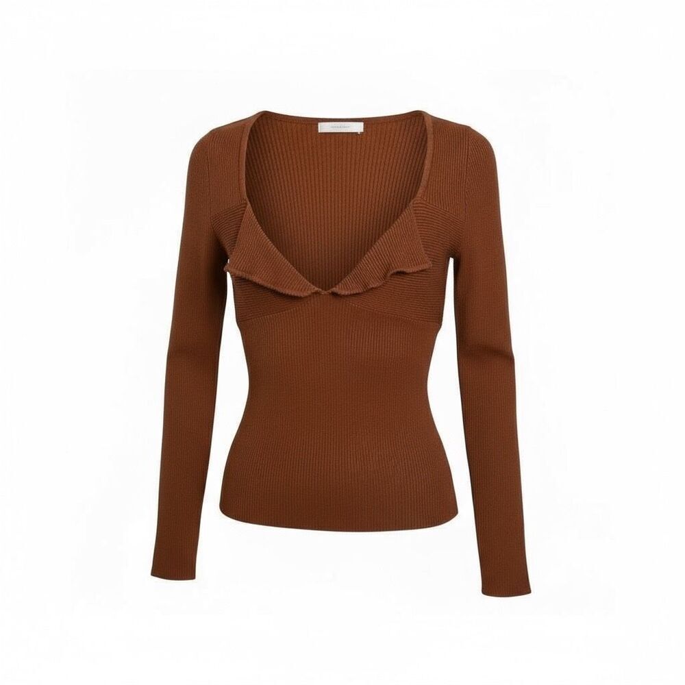 Lucy Paris Frankie Ribbed‎ Knit Split Neck Long Sleeve Sweater Rust Size Large
